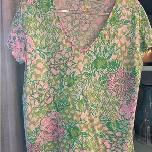 Lilly Pulitzer Pink and Green Floral V-Neck Top XL